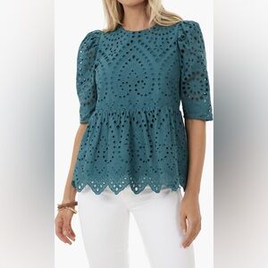 Tuckernuck Hyacinth House Teal Williams Peplum Eyelet Blouse - XXL